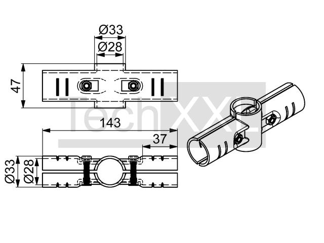Grundverbinder D28, schwarz, 2-seitig 180°, schwer wie HRS200D28GV2S180SCHS